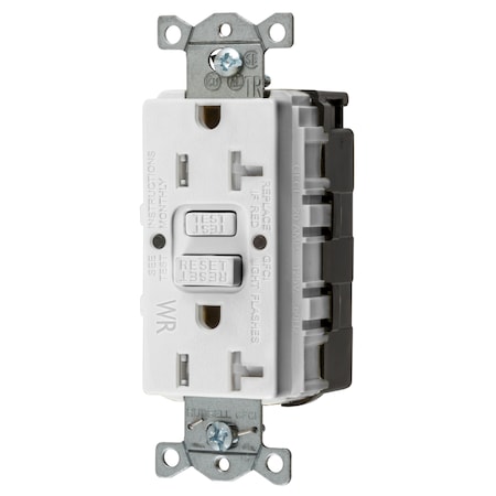 Hubbell Wiring Device-Kellems Straght Blade Devices, SNAP-Connect, Weather and Tamper-Resistant, AUTOGUARD, Self Test, GFCI Receptacle, 20A 125V, 2-Pole 3-Wire Grounding, 5-20R, White GFTWRST20SNAPW